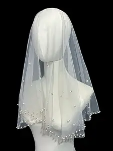 French-Style Bridal Wedding Dress Veil, Hand-Sewn Pearl Veil, Single-Layer Beaded Veil Headpiece, Elegant Wedding Accessory