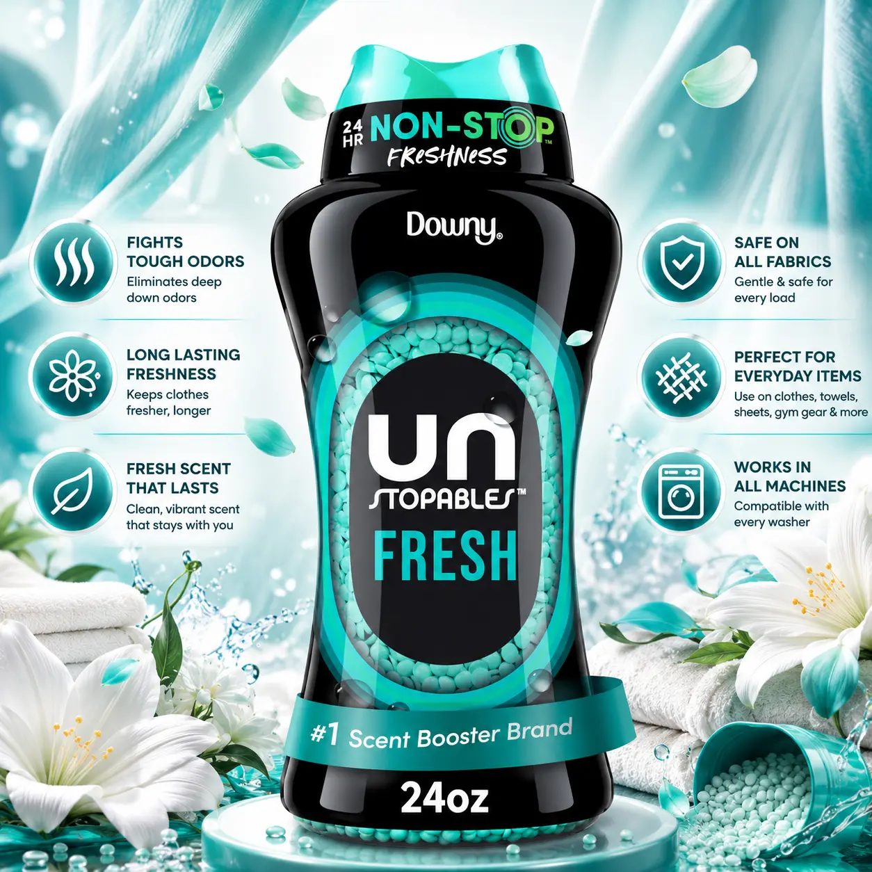 Downy Unstopables in Wash Scent Booster Beads, Fresh Scent, 24 oz, White, Laundry Beads for Odor Protection, Scent Booster Beads, Laundry Scent Boosters