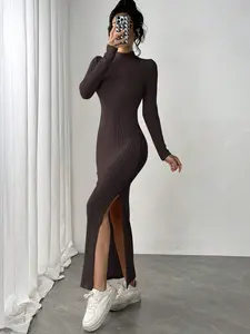 Womens High Neck Long Sleeve Ribbed Bodycon Dress with Side Slit