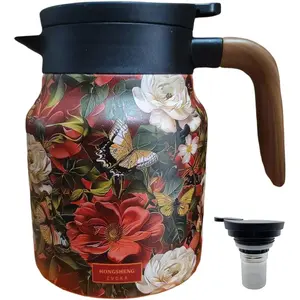 35oz Vintage Floral Teapot with Built-in Infuser - Stainless Steel Thermal Carafe, Leak-Proof Lid for Tea & Coffee (Red flower)