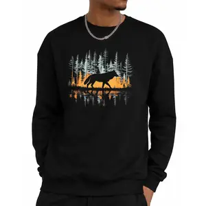 Cozy Black Long Sleeve Sweatshirt with Graphic Wolf Nature for Adult Wear