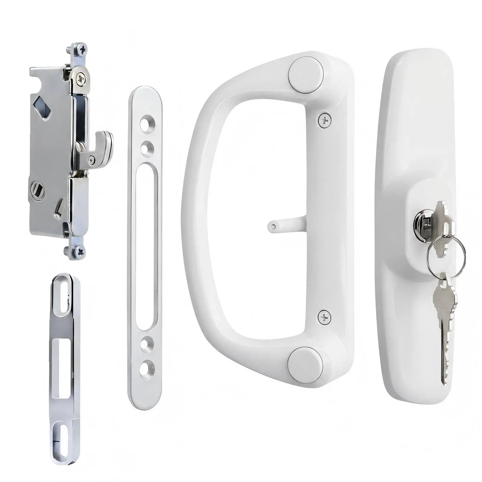 Teilmix White Keyed Sliding Patio Door Handle Set with Mortise Lock, 3-15/16" H.C., Fits 1-1/4" to 2" Doors