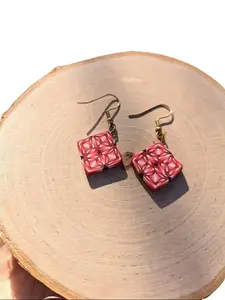 Pink and Red Strawberry Inspired Kaleidoscope Polymer Clay Earrings Pink Earrings Prom Earrings for Her Red Dangle Earrings Cute Gifts