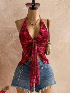 Soleia Red Floral Print Halter Neck Strappy Top Y2K Sexy Front Bow Top for Party Summer Vacation and Valentine's Day
