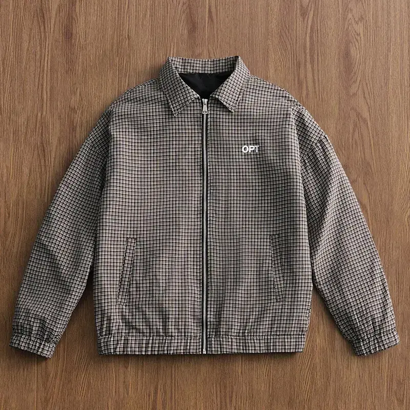 Y2K men's vintage plaid Harrington jacket with a turn-down collar and full zipper closure, featuring a loose oversized fit and letter print; lightweight and perfect for everyday commuting, streetwear, and travel outfits.