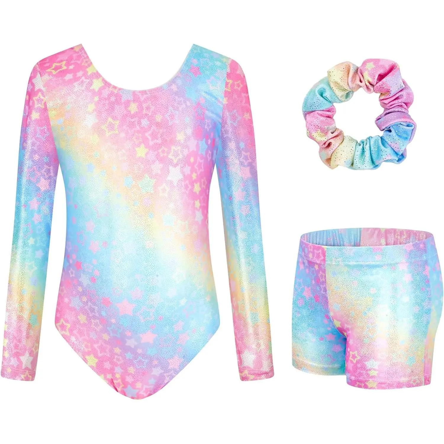 Girls' 3-Piece Gymnastics Leotard Set, Sparkly Long Sleeve Dance Outfit with Shorts & Scrunchie, Breathable 15% Spandex Fabric for Stage Performances, Biking, Fashionable Patterns, Pink Zebra, Blue Star, Athletic, Fitted, Child Sizes, Kids Clothing Girls,