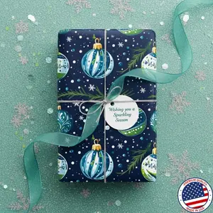 Navy Christmas Wrapping Paper: Green Ornaments & Snowflakes