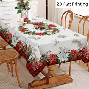 Holiday Christmas Red Bird and Wreath Tablecloth - Easy-clean polyester, perfect for kitchens, dining rooms, parties, and outdoor use. Holiday table decoration | Wreath tablecloth | Durable tablecloth