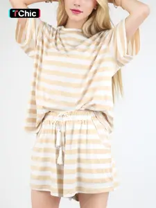 Summer New Loose Casual Knit Striped Round Neck Short Sleeve Drawstring Shorts Set, Pajama Set, Thin Fabric Nightwear, All Seasons Home Wear Loungewear