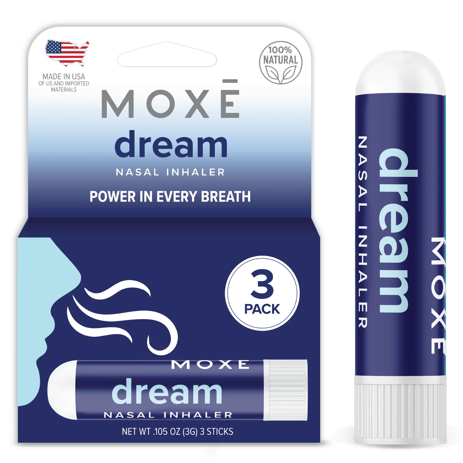 MOXĒ Dream Nasal Inhaler, Essential Oil Blend, Calming, Relaxing, Natural Tension Calmness, Soothing Fragrance, Lavender, Chamomile, Lemongrass, Grapefruit, Made in USA