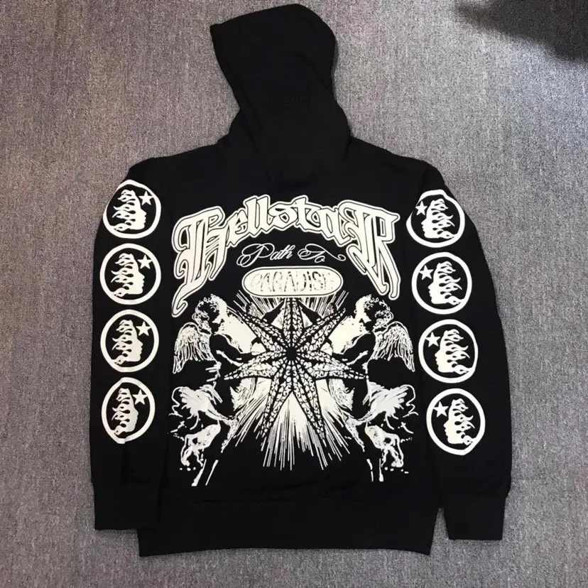 Men's Casual Classic HellStar Black VICTORY Letter Graffiti Portrait Print Vintage Unisex Hoodie