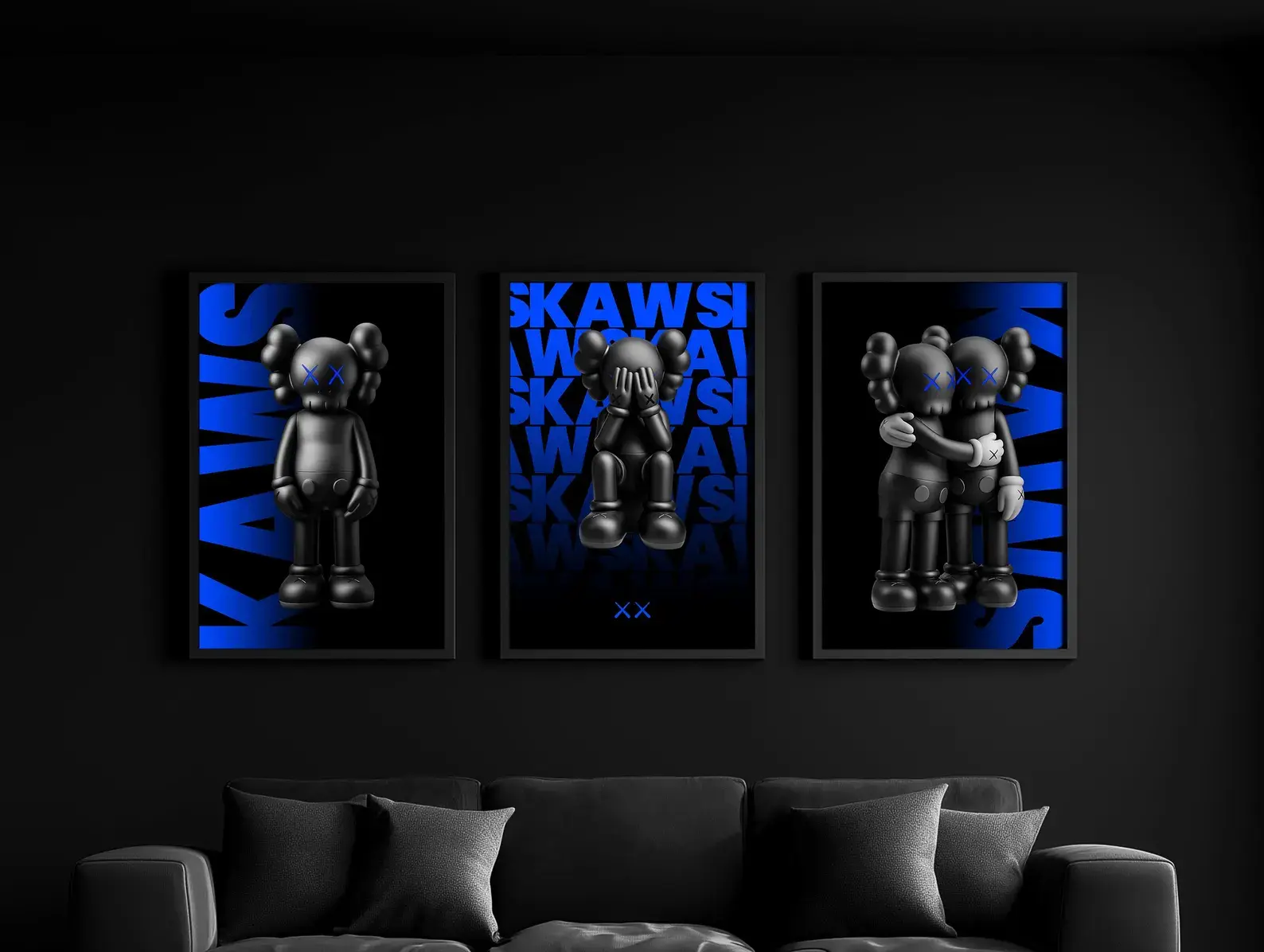 Set of 3 Black & Blue KAWS Digital Wall Art Posters, Hypebeast Decor Prints , KAWS Poster