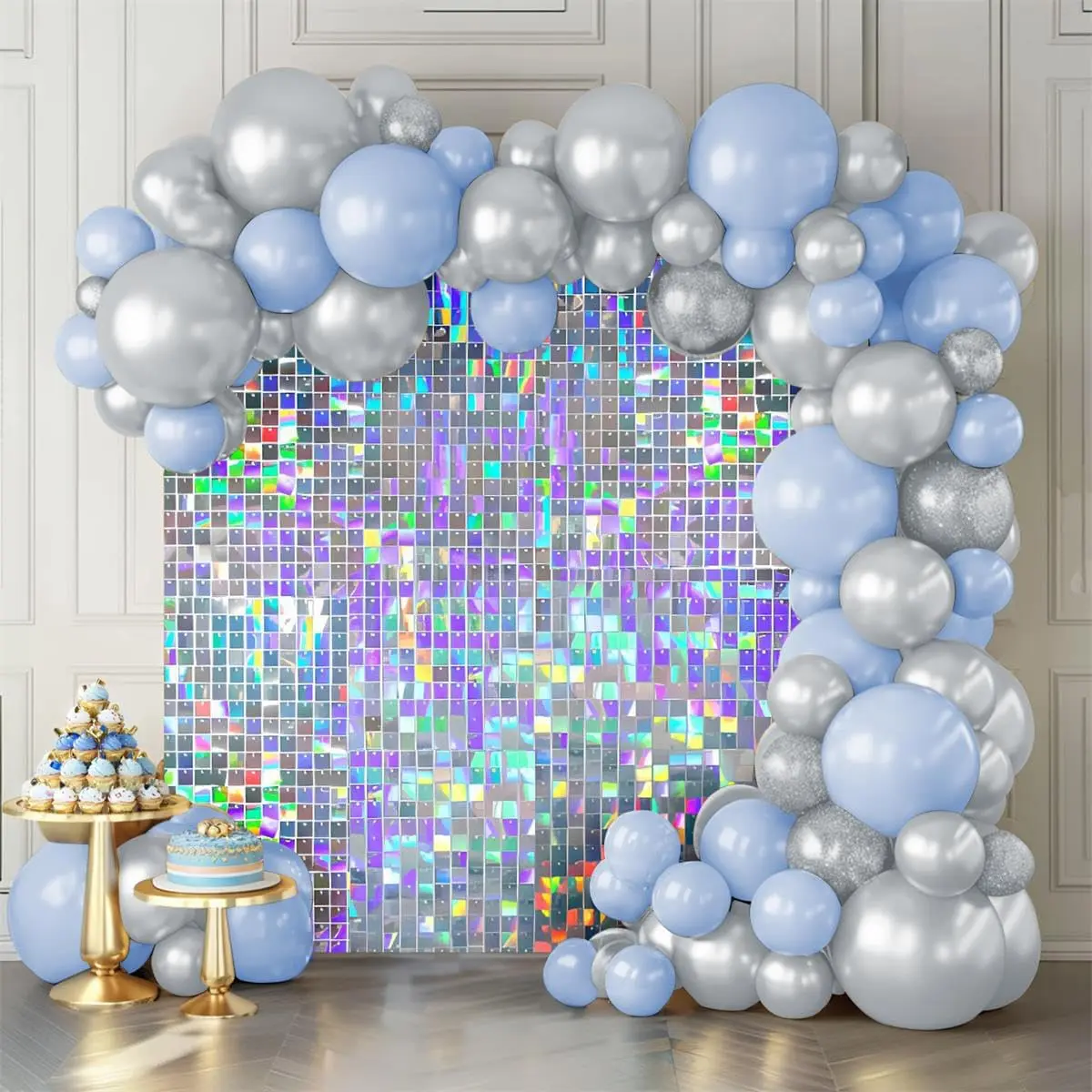 Iridescent Silver Square Sequin Wall Panels 12Pcs for Birthday Party Wedding Anniversary Wall Backdrop Decoration