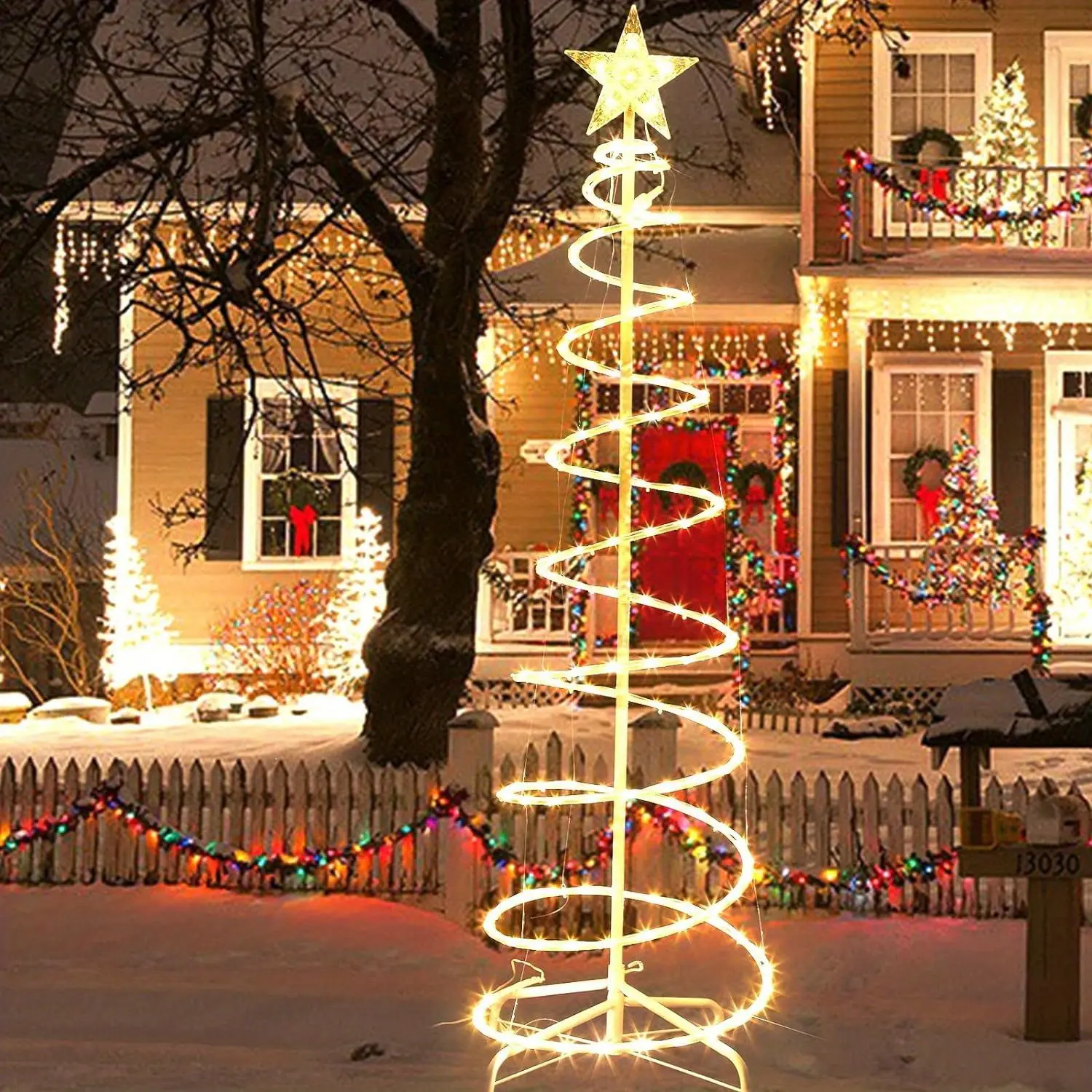 5/6/7 inch adjustable LED Christmas tree with 16 colors, outdoor light-up Christmas tree, 182 lights, plug-in tree decoration, cone-shaped tree decoration with star tree topper, suitable for outdoor yards, porches, and home use (multicolor), seasonal disp