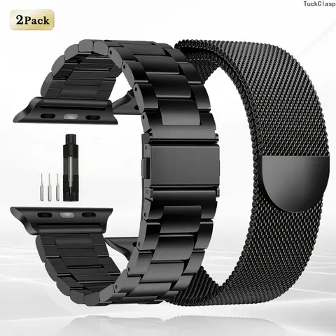 2 Pack Watch Band Compatible with Apple Watch Stainless Steel Mesh Strap, Expandable Buckle Metal Suitable for Series 11/10/9/8/7/6/5/4/3/2/1, SE, Ultra, 38mm/40mm/41mm/42mm/44mm/45mm/46mm Case-Fitting for Men & Women