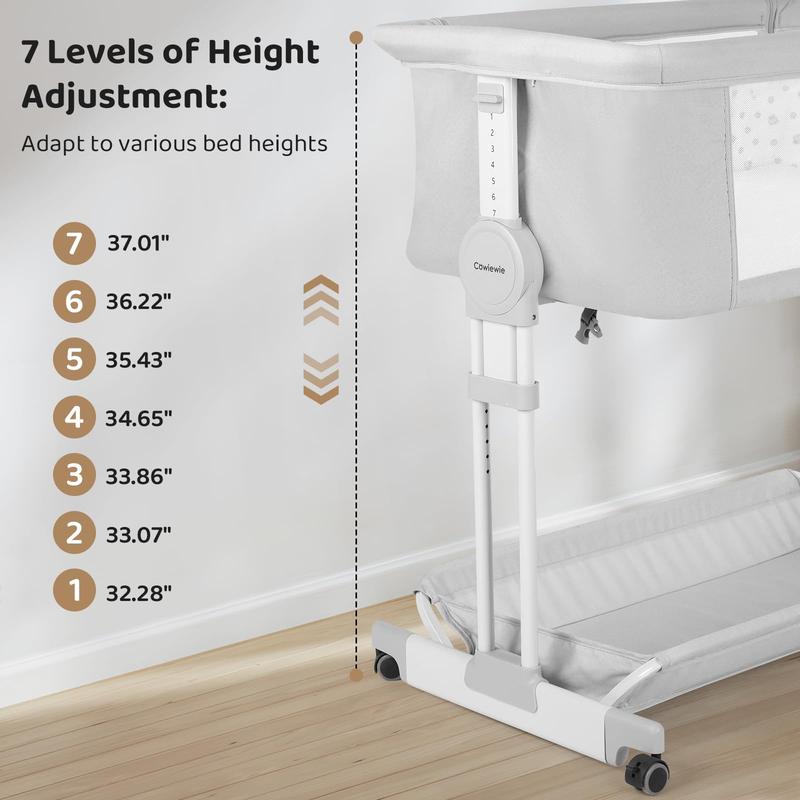 Cowiewie Bassinet Bedside Sleeper, Rocking Bassinet for Baby with 4 Wheels & 7 Adjustable Height, 360° All-Round Breathable Mesh Sides Bedside Crib, 2025 New