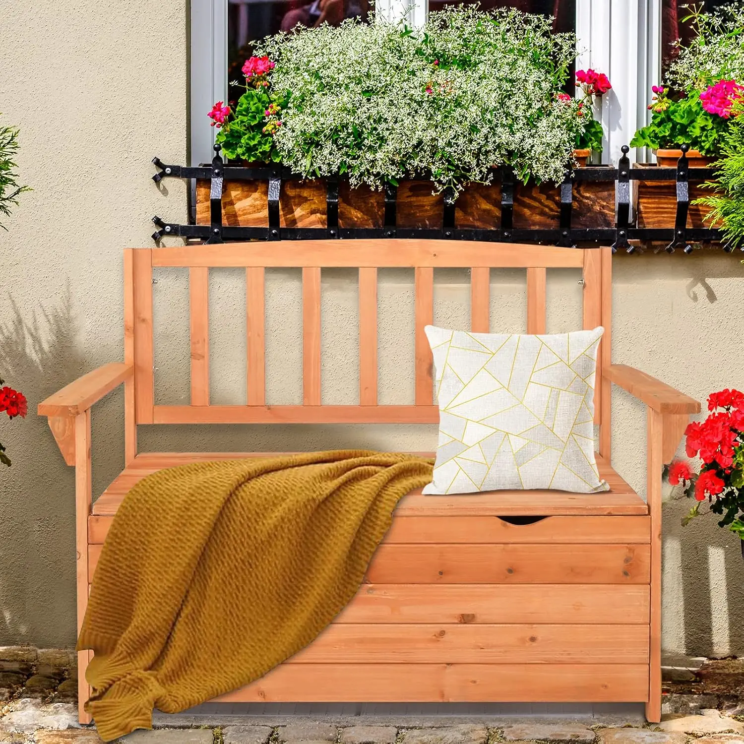 Karlhome Outdoor Bench with Storage, Waterproof Deck Box, Outdoor Storage Box, Storage Seat Box for Patio Furniture, Patio Sofa Storage Bench for Porch, Yard, Lawn, Garden 44"" L x 22.83"" W x 33"" H, Wood