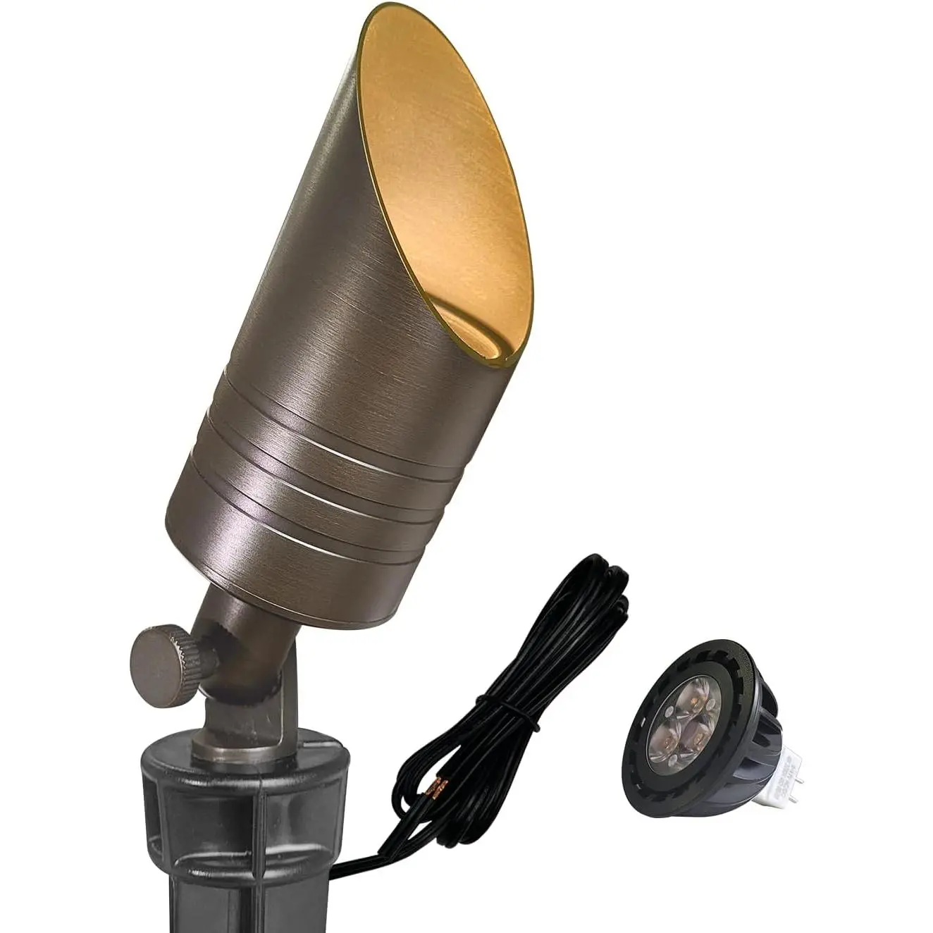 Bronze 12V AC/DC Low Voltage LED Brass Landscape Spotlight - 5W MR16, 8.07" Stake, Adjustable Hardwired Up Light with Wiring Harness, Cord, 1-Pack with Bulb (Halogen Bulbs Compatible) for Garden, Patio (S05)