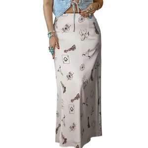 Asvivid Women's Four Seasons Western Wild Horse Printed Element Tight Maxi Skirt Chic Style Bottom Womenswear