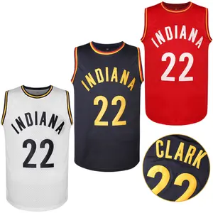 Men/Women's #22 Clark Breathable Mesh Basketball Jersey Crew Neck Red&Yellow Striped Lightweight Sleeveless Top with Embroidered Lettering Indiana Vibes Set