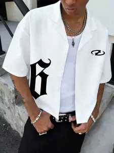 Men's Loose Fit Short Sleeve Cuban Shirt, Gothic Style Streetwear, Gothic Influence, Letter Pattern, Casual Summer Top, American High Street Fashion