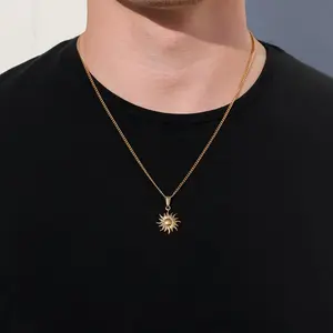 ASCOMY Sunburst Pendant Necklace for Men, 14K Gold Plated / Silver Sun Chain, Waterproof Boho Everyday Jewelry