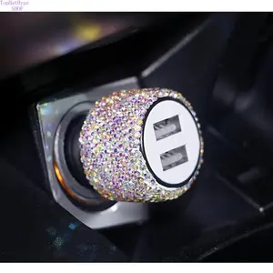 Bling Dual USB Car Charger with Diamond Design, Cigarette Lighter Fast Charging Adapter, Compact Plug & Play Safety Hammer Emergency Tool, Sparkling Car Interior Accessories for Women & Girls, Multifunctional Universal Vehicle Charger