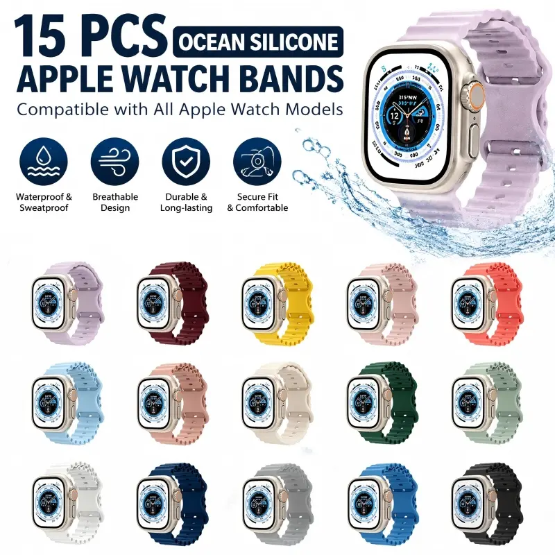 Ocean Silicone Replacement Band for Apple Watch - Adjustable 15-Color Sport Strap with Tubular Buckle, Durable Water-Resistant Wristband Compatible with Series 1-11, Ultra, SE