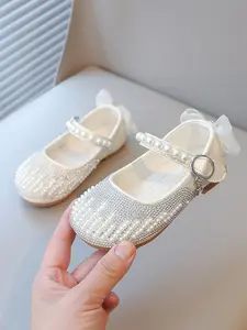 Girls' Princess Pearl Rhinestone Leather Shoes, Mary Jane Flats, Butterfly Knot Buckle Soft Sole Sparkling Diamonds, Party School Street Fashion Daily Wear, Bowknot Design Shoes