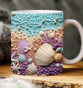 3D print Beach Mug, 3D Purple Flowers Seashells Mug