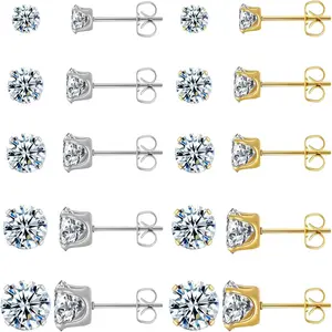 10 Pairs Surgical Steel Stud Earrings Set, Silver and 14K Gold Plated Hypoallergenic Earrings Studs Set for Women, Stainless Steel Cubic Zirconia Waterproof Non Tarnish