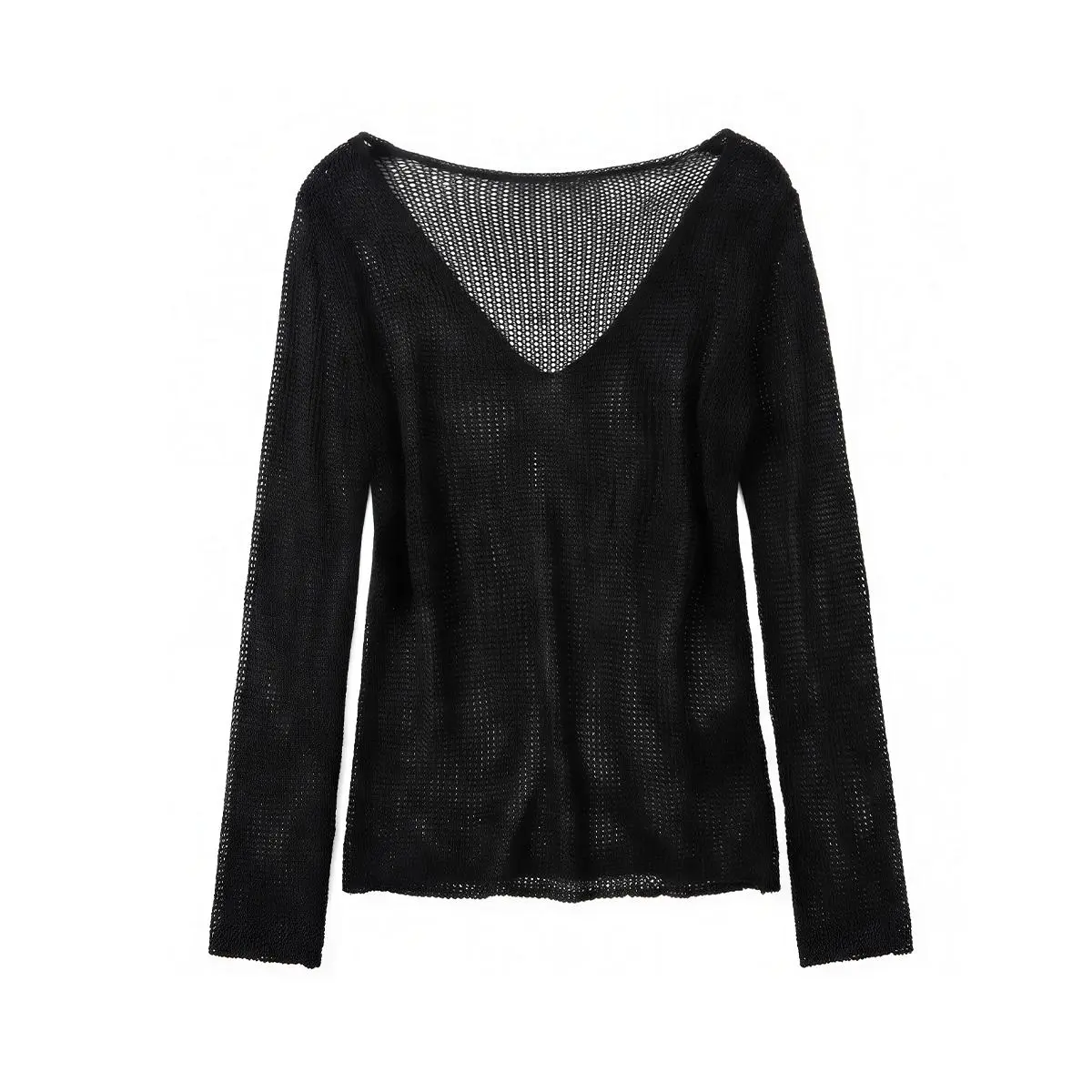 FDR Hooded Sheer Knit Top Black Relaxed Fit Deep V Neck Open Knit