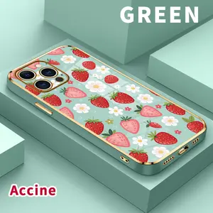 Case for iPhone 15 Pro Max 16 14 Plus 13 12 11 X XS Max XR Simple Strawberry Luxury Golden Edge Elecroplated TPU Camera Lens Protection Mobile Phone Cover Gift for