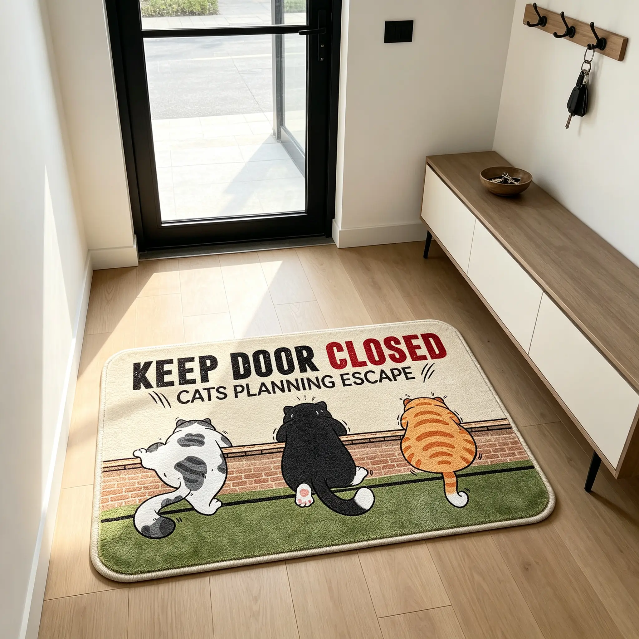 Playful Cartoon Kitten Print Flannel Doormat - Non-Slip Rubber Back, Washable Rectangle Anti-Slipping Mat for Cat Lovers' Home Decor, Indoor Front Door & Bath Use, Escape-Preventing