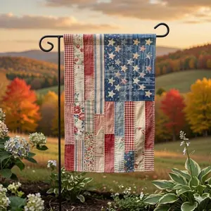 Faux Patchwork America 250 Garden Flag, Patriotic Floral Porch Decor, 250th Birthday of America Flag, 4th of July Outdoor Yard Sign, Print Only