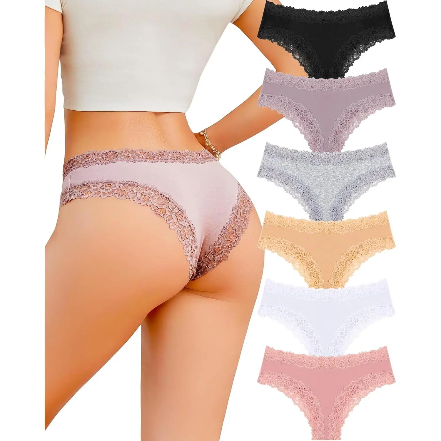 Women's 6-Pack Low-Rise Soft Cotton Underwear - Lace Trim, Breathable Cheeky Hipster Panties, Leg Coverage Feminine Lingerie Accessory for S-XL Women