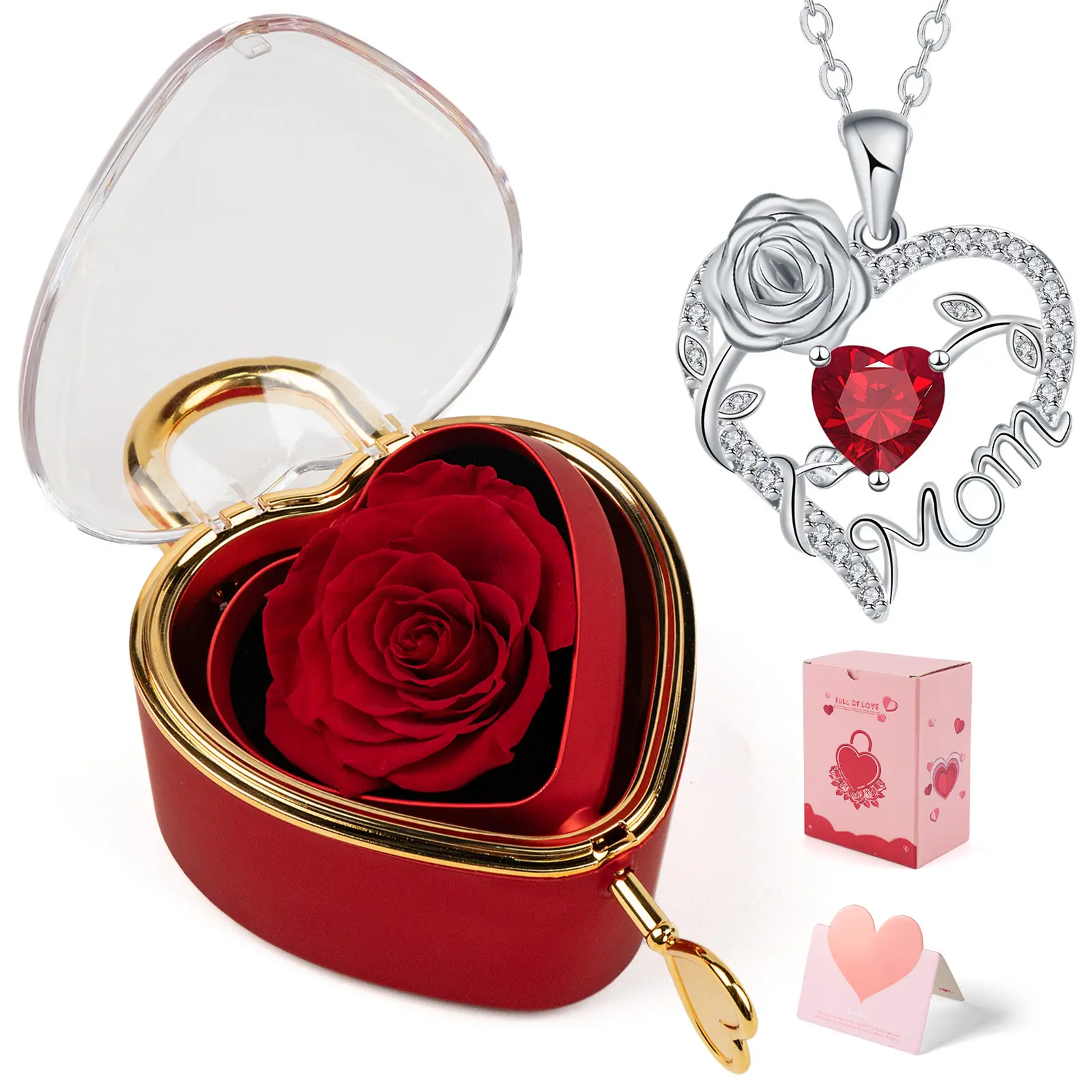 Real Rose Jewelry Box with Heart-Shaped Pendant Necklace Included, Romantic Gift for Mom, Grandma, Wife, Girlfriend, Daughter,Back-to-School Gifts