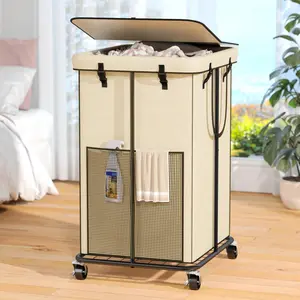 160L Laundry Hamper with Lid, Rolling Laundry Basket with Wheels, Large & Tall Dirty Clothes Hamper with Metal Frame and Removable Bag for Bedroom Aesthetic, Laundry Room, Bathroom, Dorm-Beige