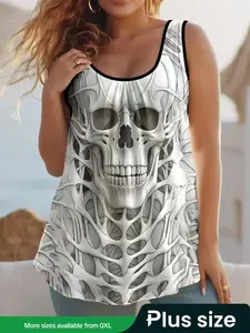 【Plus Size】 Skull Print Tank Top, Casual Sleeveless Top for Daily Wear, Women's Plus Clothing for Summer, Halloween