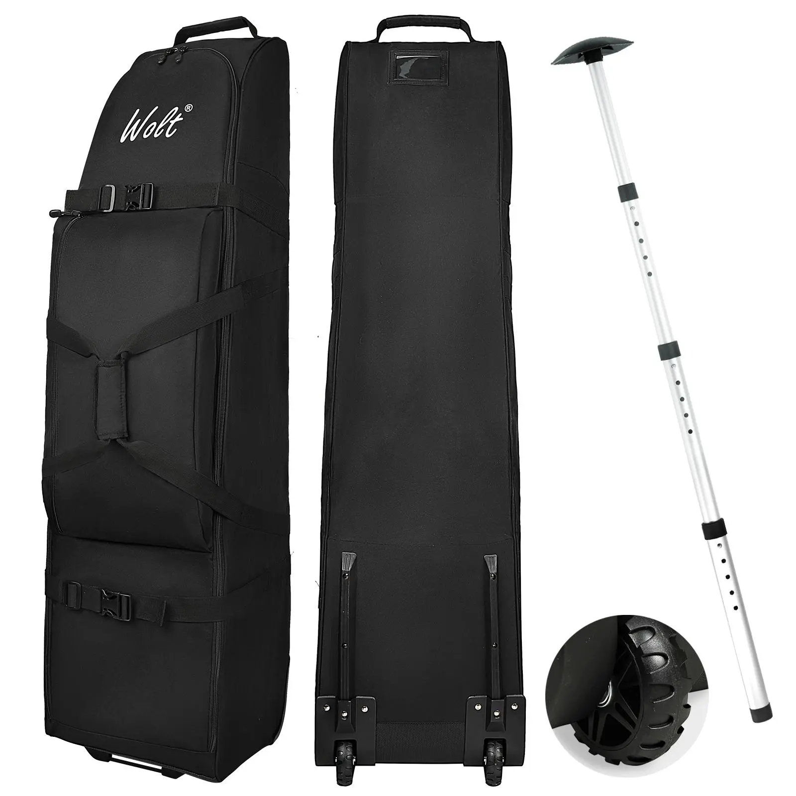Wolt Heavy-Duty Travel Bag with Wheels, High-Capacity 600D Polyester Oxford Case with a Multi-Mode System & Adjustable Support Rod for Air Travel, Golf Clubs, Full Club Set, Built-In Organizer, Youth, Rubber, Adjustable Rod, Full Club Size