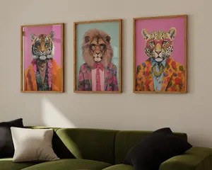 Tiger Lion Funky Unframed Set Dopamine Aesthetic Maximalist Decor, Pink Orange Tiger Painting Trendy