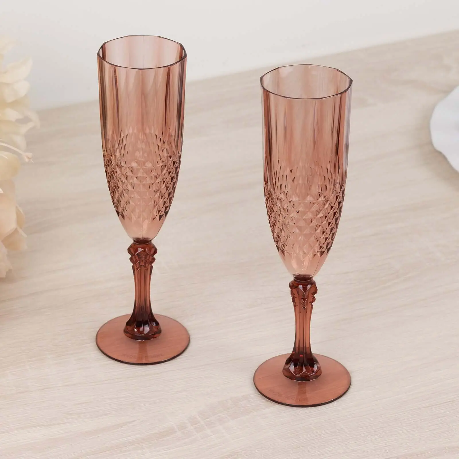 6-Pack 8oz Transparent Plastic Champagne Glasses - Crystal Cut Dusty Rose Shatterproof Toast Flutes, Lightweight Drinkware for Adults' Birthday, Dining, Party Use