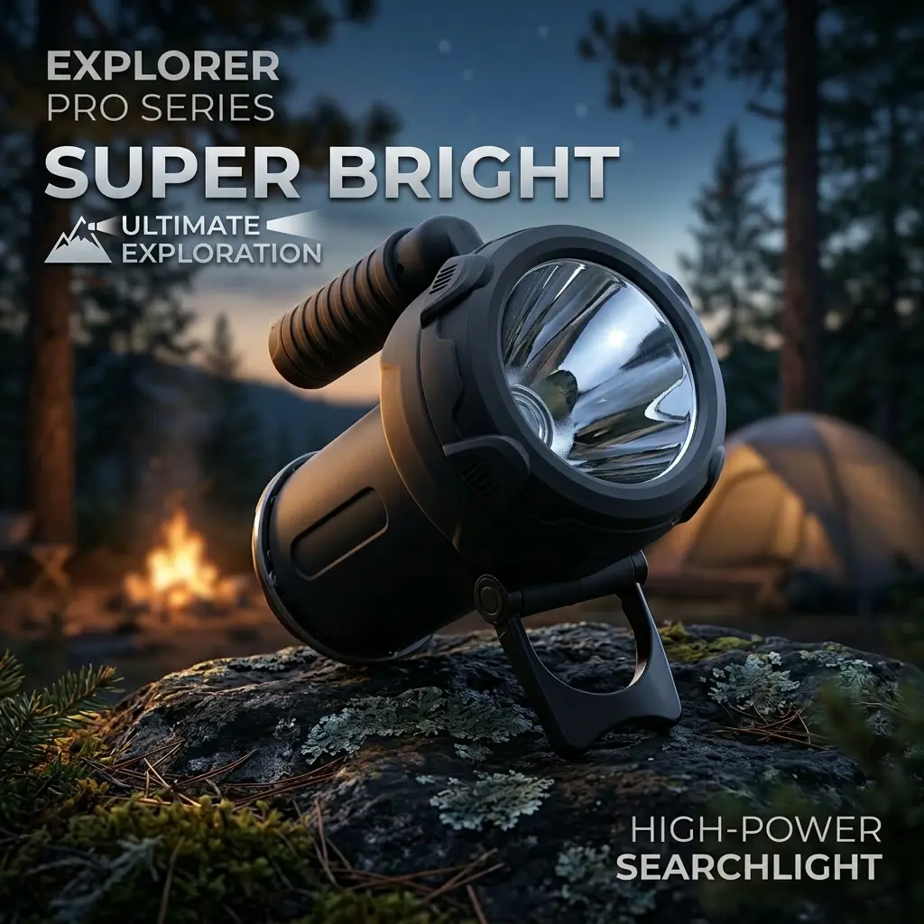 Explorer Pro Series Super Bright Rechargeable Searchlight - Portable LED Torch with Extendable Rear Light, Large-Aperture Beam, Batteries, Cells, 12 Months Warranty for Camping, Hiking, Emergency Use, Dual Power Options