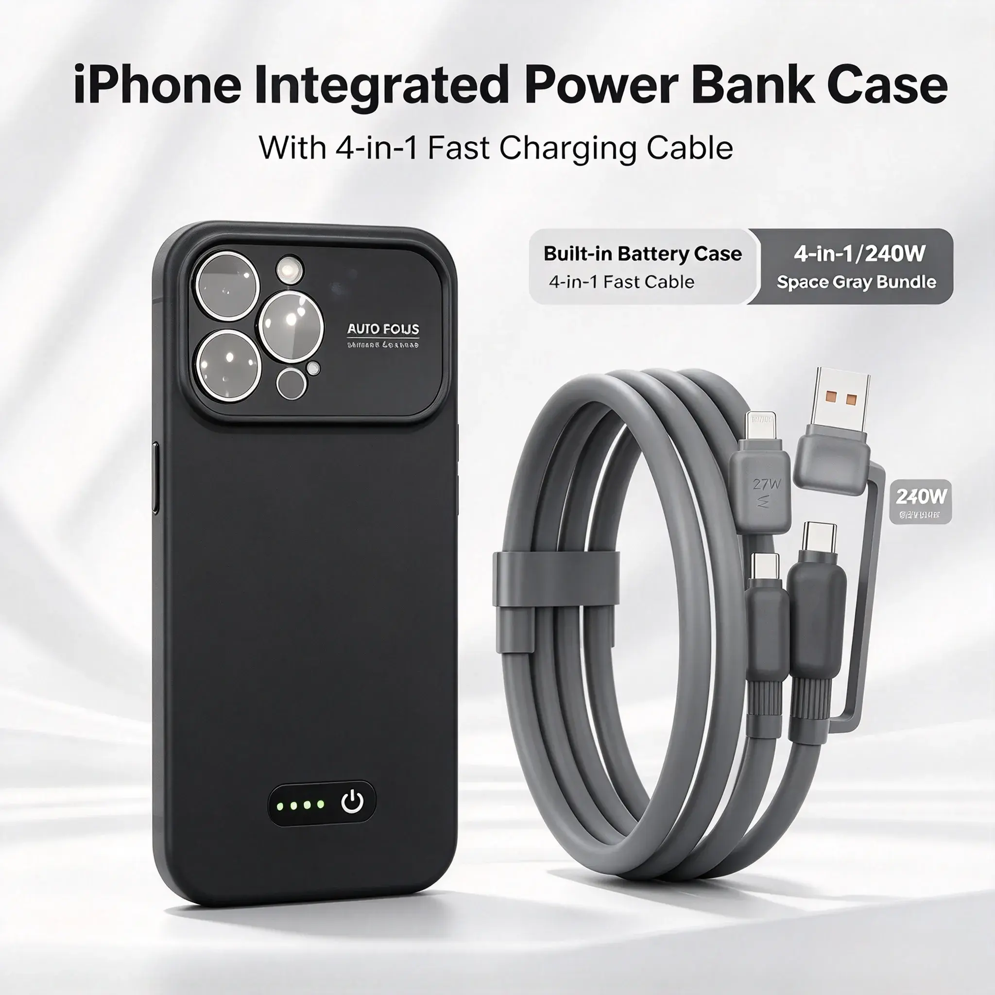 2-in-1 Smartphone Charging Protection Case, Cable-Free Portable Power Bank Cover Accessory for iPhone 17 Pro Max/16/15/14, Includes 4-in-1 Fast Charging Cable, Shock-Proof Chargeable Shell Charger Shockproof Shockproof