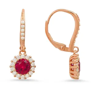 Rosetone Sterling Simulated Ruby Halo LeverbackEarrings