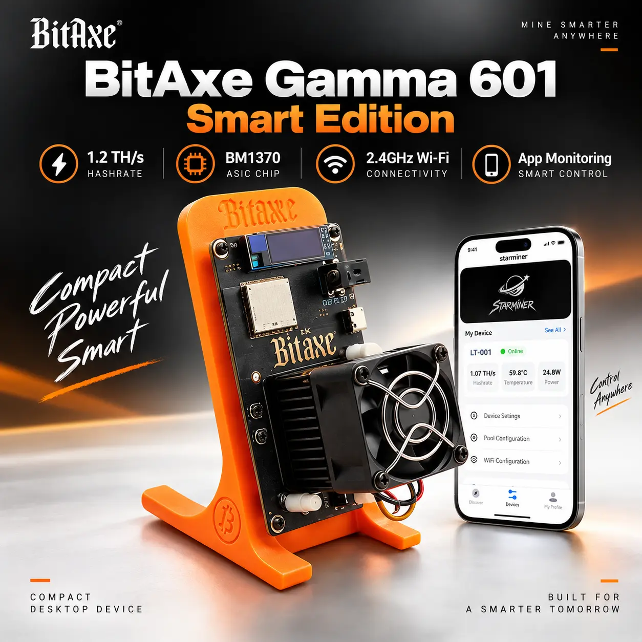 Bitaxe Gamma 601 Mini Solo Bitcoin Miner, 1.2 TH/s BM1370 ASIC Mining Machine, 2.4GHz WiFi, App Control, Small Desktop BTC Miner