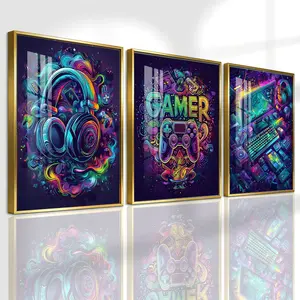 3 Counts Aluminum Alloy Framed Painting, Colorful Gamer Headphones And Game Controller Artwork, Home Decoration For Living Room, Bedroom, Office, Restaurant, Hallway Wall Decor, Odorless Print Artwork, Luxury Perfect Gift For Friends And Family