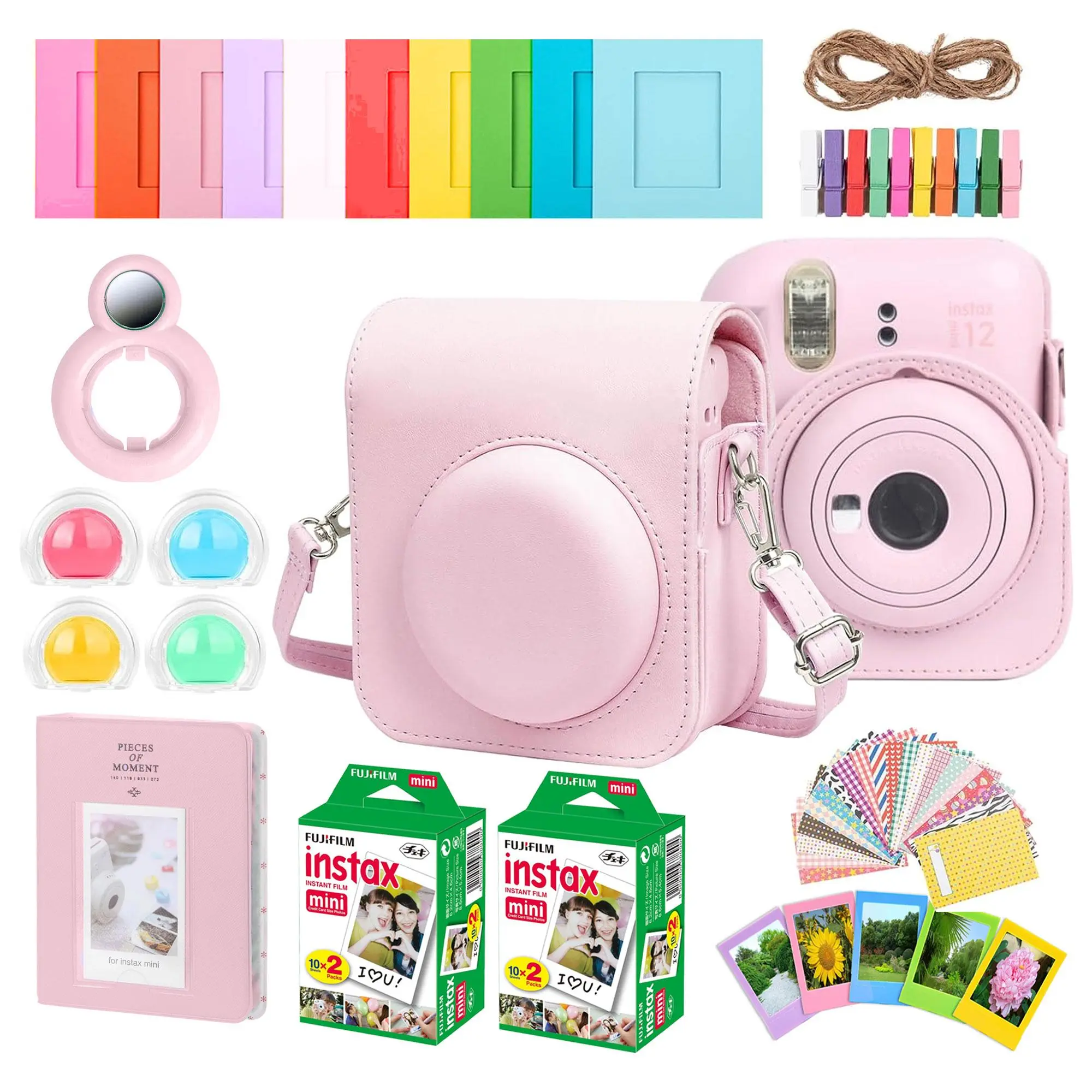 Complete Accessory Kit for Fujifilm Instax Mini 8/9/11/12 – Camera Case, Photo Album, Frames, Stickers & Lens Filters (Pink) + 2x Fujifilm 2x10 Film Mini Instax Film Pack
