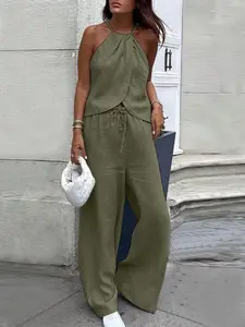 ZANZEA Women's 2-Piece Solid Color Top & Wide Leg Pants Set, Loose-Fitting Womenswear Suits for Daily Outdoor Summer Casual Wear