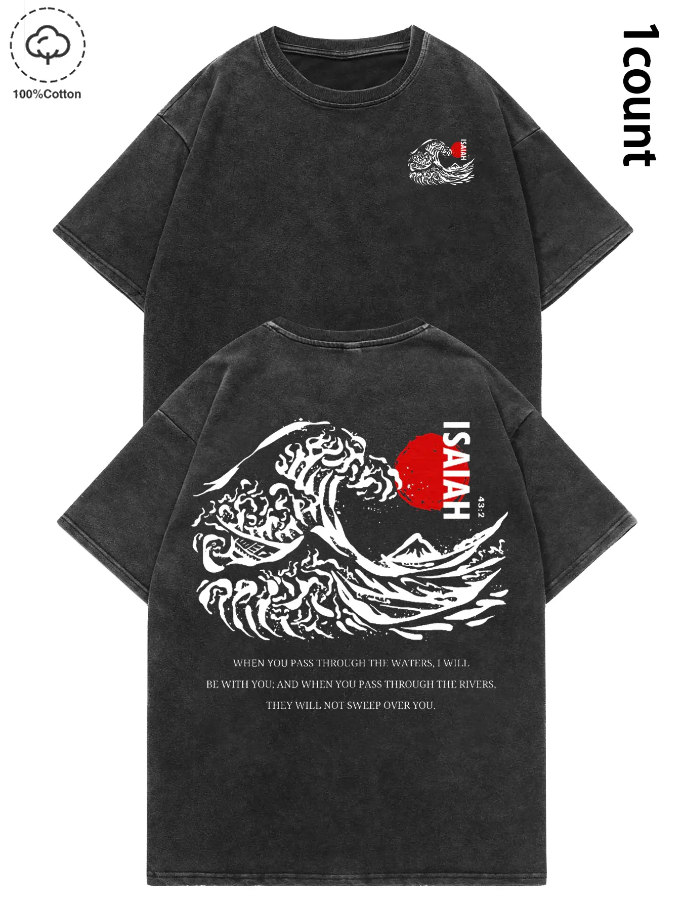 Unisex Y2K Style Aesthetic Graphic Isaiah Chapter 43 Verse 2 Bible Text Print and Wave element print Cotton Fitted Round Neck T-Shirt, Streetwear, Casual, Couple, Men's Gift